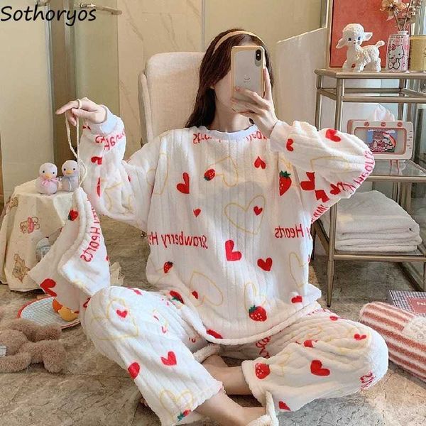 

women's sleep lounge lovely printed pajama sets women cozy full length pants long sleeve thicker sweet dents flannel sleepwear females