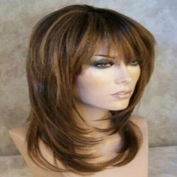 

long fine brown mix blonde straight hair wigs for modern women, Black