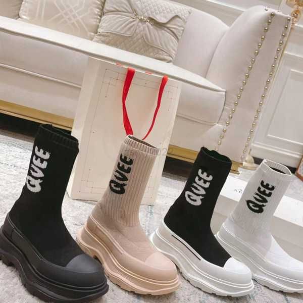 

2022 new mc elastic knitted sock boots women's lovers thick soled high middle barrel martin boots thin short boots, Black