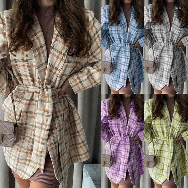 

women's jackets offices blazer elegant turn-down collar belted cardigans women plaid print autumn outerwear coats, Black;brown