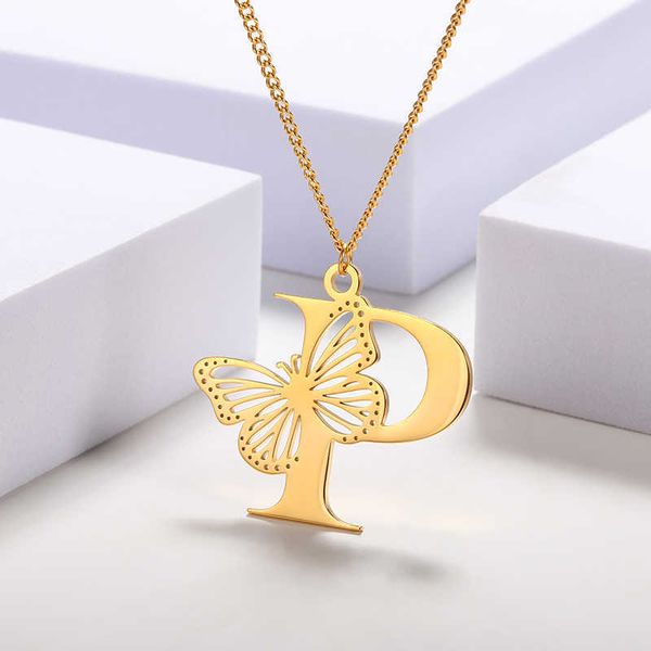 

pendant necklaces dainty big butterfly letters necklaces for women girl jewelry stainless steel chain removable pendant initial choker neckl, Silver
