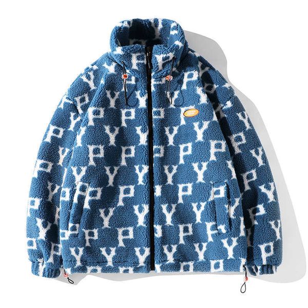 

men's fur faux fur winter fashion print fleece sherpa jacket for male winter men's and women's couple coat streetwear faux la, Black