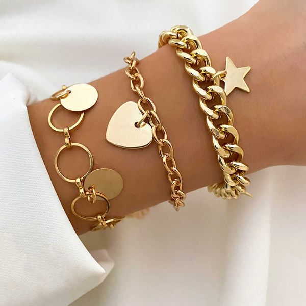 

beaded strands kisswife new punk golden metal bracelet for women thick chain geometric pentagram heart pendant bracelet fashion jewelry gift, Black