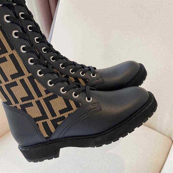 

brown knitted sock style flats ankle boots shoes winter ff leather combat booties for women luxury designer y1106214r, Black