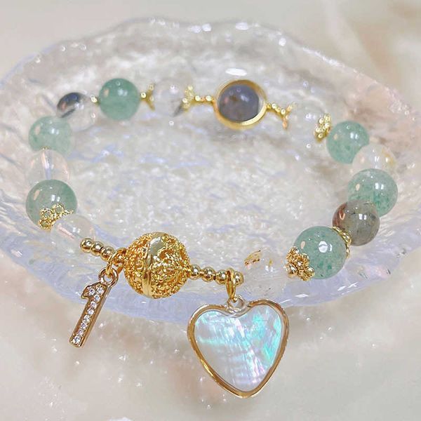 

beaded strands heart shell charm multicolor/green natural rutilated quartz/strawberry crystal beaded bracelets for women fine jewelry ybr720, Black