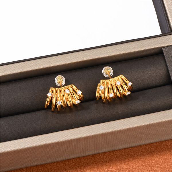 

french twist niche design zircon stud earrings women high brass gold plated ins personality banquet fashion jewelry gift accessories, Golden;silver
