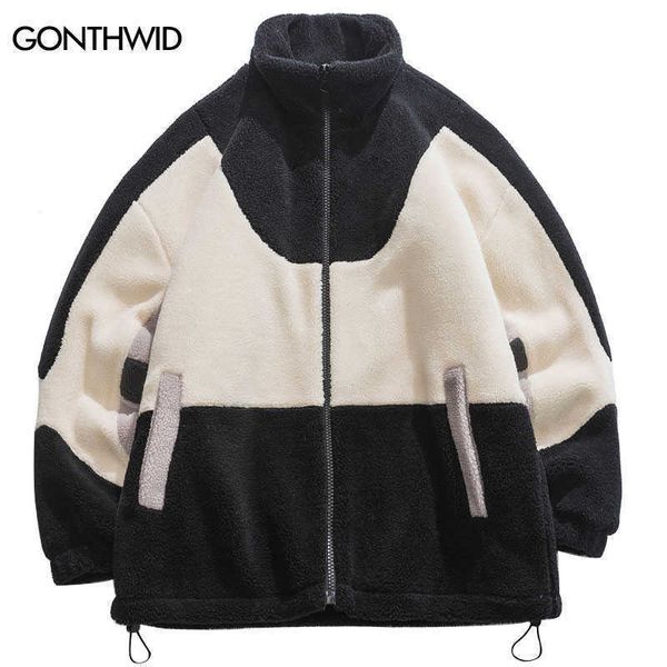 

men's fur faux fur harajuku fuzzy fluffy lambswool jacket winter parkas men color block patchwork thick warm coat streetwear hip hop ca, Black