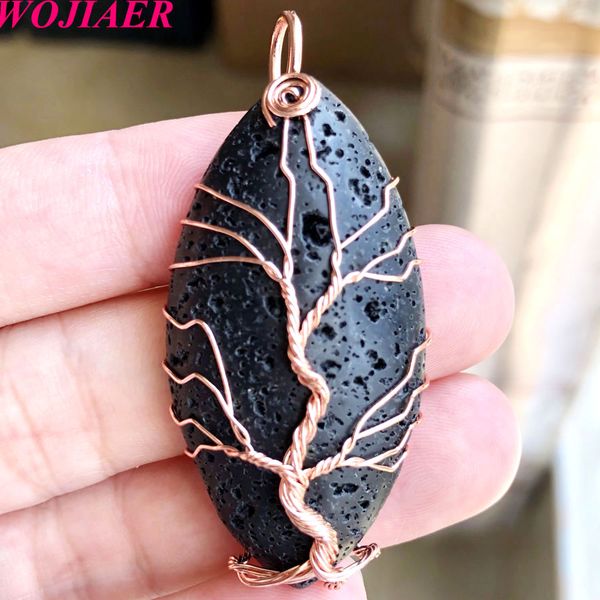 

wholesale natural lava stone pendants marquise shape rose gold wire wrapped tree of life volcano charm no chain bv912, Silver