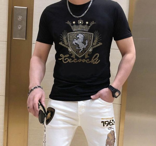

luxury t shirt men new fashion designer rhinestone t-shirts casual streetwear, White;black