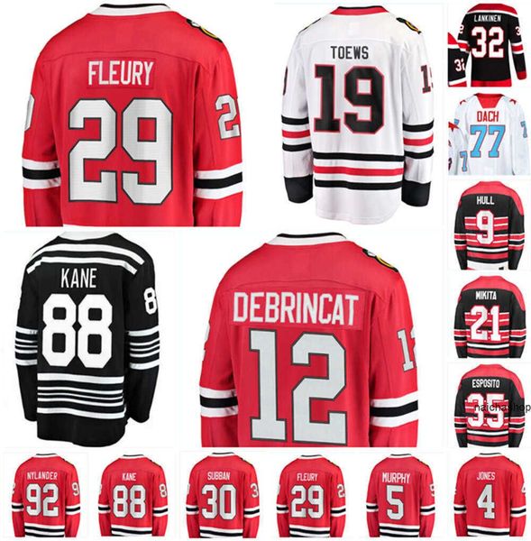 

college wears hockey jerseys chicago jonathan toews patrick kane alex debrincat marcandre fleury kirby dach seth jones gustafsson chi custom, Black