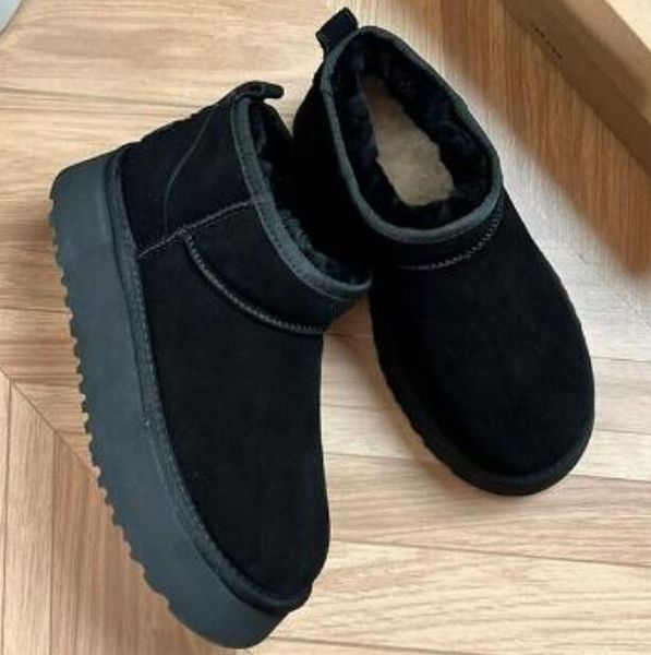 

winter women mini snow boots fashion chestnut genuine suede leather fluffy warm thick sole indoor booties, Black