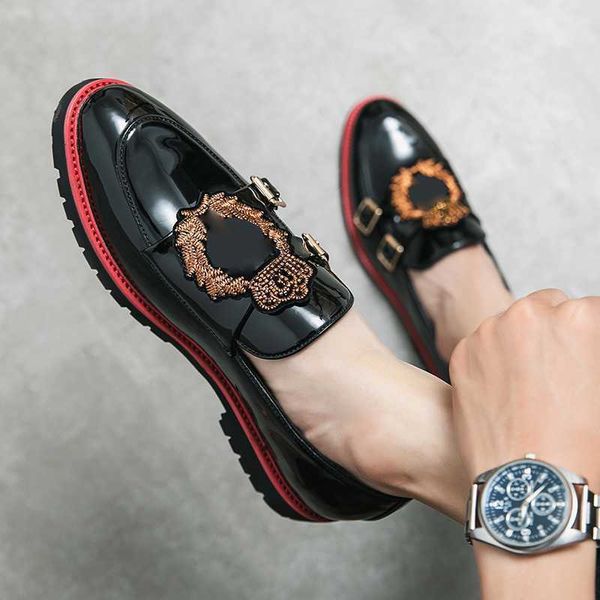 

men shoes business shoes pu leather casual fashion round toe daily party double buckle embroidery trend gentleman, Black