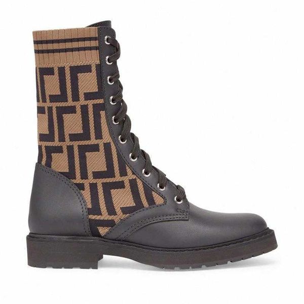 

flats biker boots designer shoes factory foot ribbed knit sock-style rockoko stretch fabric with leather combat booties ff zucca cuff, Black