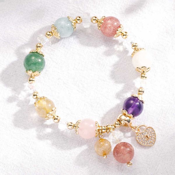 

beaded strands natural amethyst aquamarine rutilated strawberry crystal gemstone beads gold strand bracelets for women fashion jewelry ybr25, Black