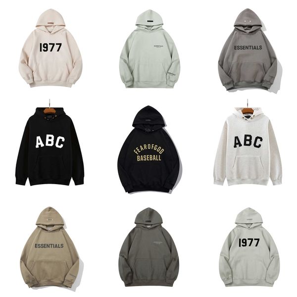 

hip hop essential sweatshirts trendy hoodies double thread glue pressing letter men women loose flocking 1977 hooded crew neck sweater fashi, Black