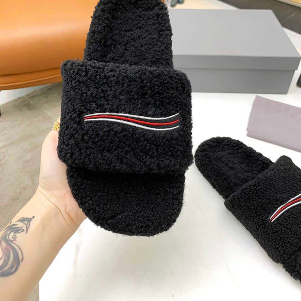 

designer women ladys girls furry slide slipper spring and autumn pink real wool white embroidery fashion comfortable soft quality, Black