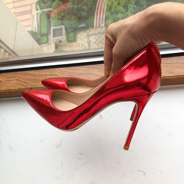 

glossy red women shoes fashion brand red bottom pointed toes high heel wedding bridal shoe ladies solid shiny leather comfortable slip on st, Black