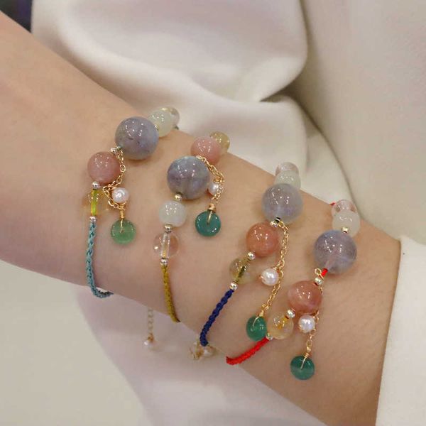 

beaded strands natural moonstones/hetian jade/crystal/quartz rutilated handmade 4 color braided rope bracelets for women fine jewelry ybr684, Black