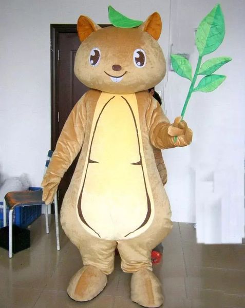 

a brown squirrel mascot costume with green leaf for to wear, Red;yellow