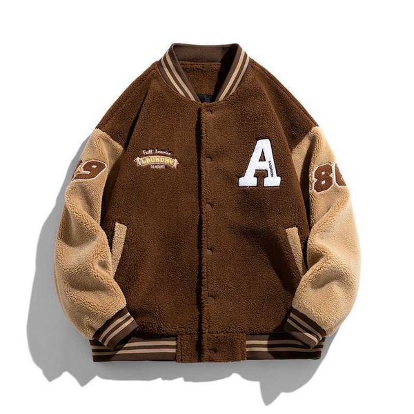 

men's fur faux fur men winter oversized fleece baseball jacket streetwear trend thick cashmere lamb wool coat warm faux lamb fur varsit, Black