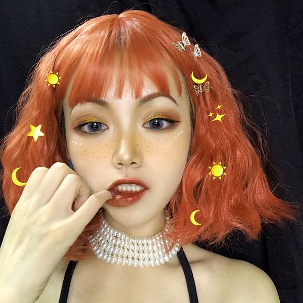 

short wig bob head round face air bangs corn perm dirty orange short hair collarbone hair wool curl, Black