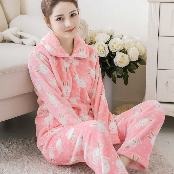 

women's sleep lounge cardigan pajamas suit winter women set sleepwear flannel nightwear pants 2pcs sets pijama feminino t221019