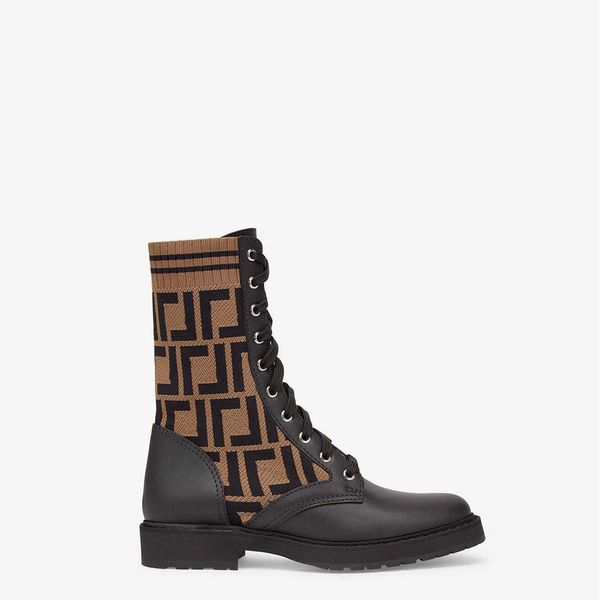 

brown ff zucca knitted sock-style flats ankle boots rockoko -jacquard stretch-knit and leather combat booties for women shoes factory, Black