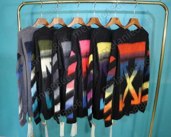 

off 20fw mohair color changing men's and women's same loose pullover round neck knitted sweater, White;black