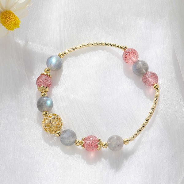 

beaded strands gold plating hollow ball natural strawberry crystal moonstones beaded strand bracelets for women fashion jewelry gifts ybr566, Black