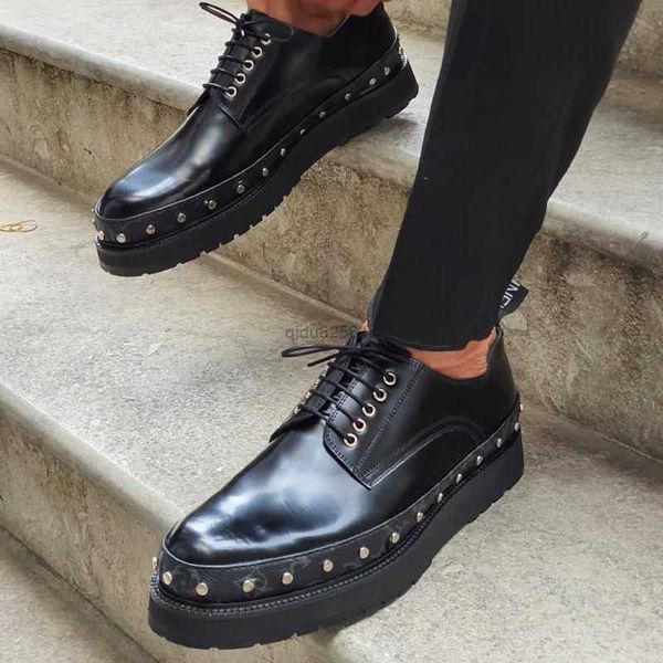 

men leather shoes dh841 solid color casual fashion versatile rivet print bright leather lace up thick sole summer tide, Black