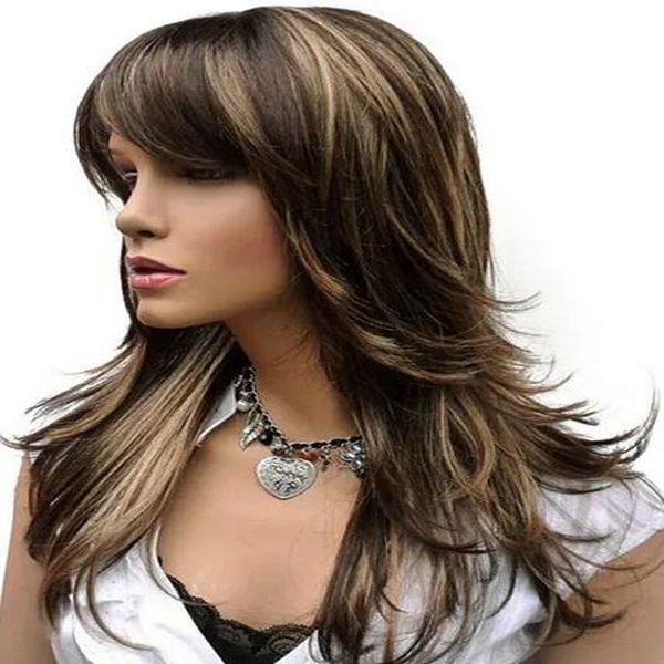 

women's wig long straight layered brown with blonde highlights synthetic full wig, Black