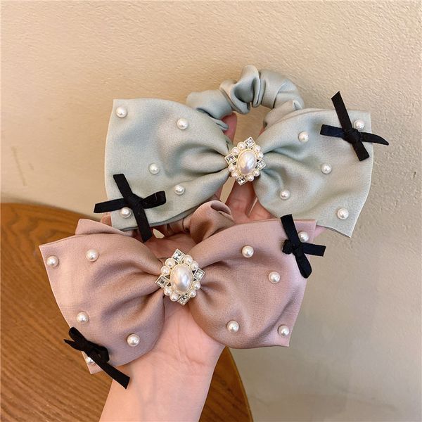 

light luxury bow hair rubber bands high sense satin texture large hair ring women pearl pure color online ornaments wholesale br034, Pink