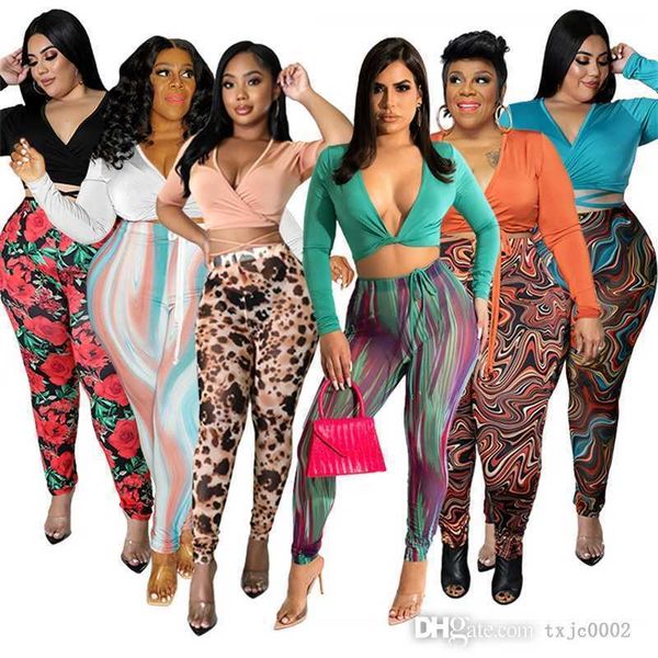 

fashion printed plus size 5xl fat women tracksuits autumn two piece outfit deep v crop and tight pants casual suit, Black