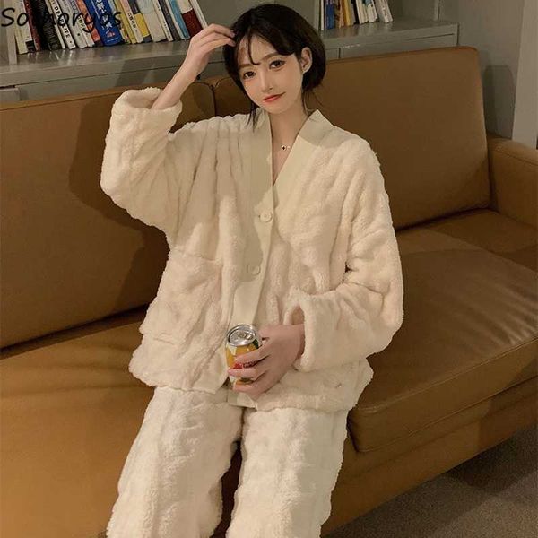 

women's sleep lounge elegant coral velvet pajama sets women thicken ins tender sleepwear winter v-neck single breasted windproof all-ma