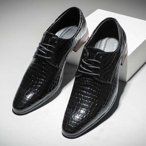 

derby shoes men solid color pu leather trend fashion everyday banquet party pointed toe lace up crocodile pattern classic gentleman dress, Black