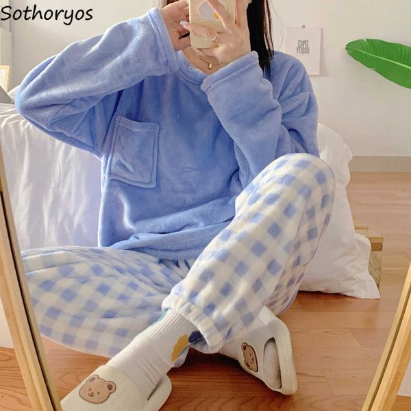 

women's sleep lounge winter long sleeve pajama sets women coral velvet loose thick thermal sweet kawaii plaid trousers plush sleepwear