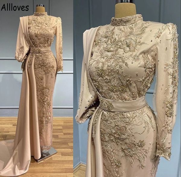 

muslim dubai arabic mermaid evening dresses with long sleeves high collar embroidery lace beaded formal prom gowns peplum elegant satin vest, Black;red