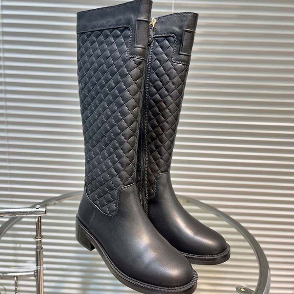 

knee boots classic diamond plaid canvas knight long boot calfskin womens shoes heel height 4.0cm inside sheepskin 35-41, Black