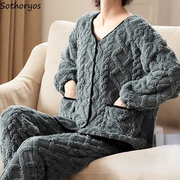 

women's sleep lounge warm thick flannel jacquard pajama sets women v-neck single breasted winter fluffy nighty female tender patchwork