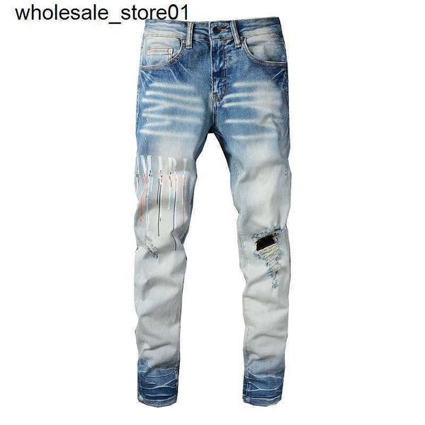 

men's jeans designer amirs fashion street printed letters perforated jeans casual pants cotton youth jeans, Blue