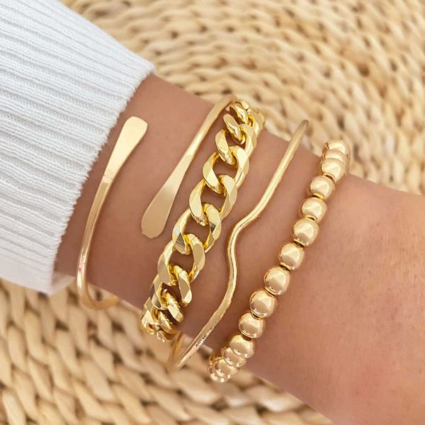 

beaded strands kisswife gold color cuban chain bracelets set for women men metal beads open adjustable bangles punk trend jewelry party gift, Black