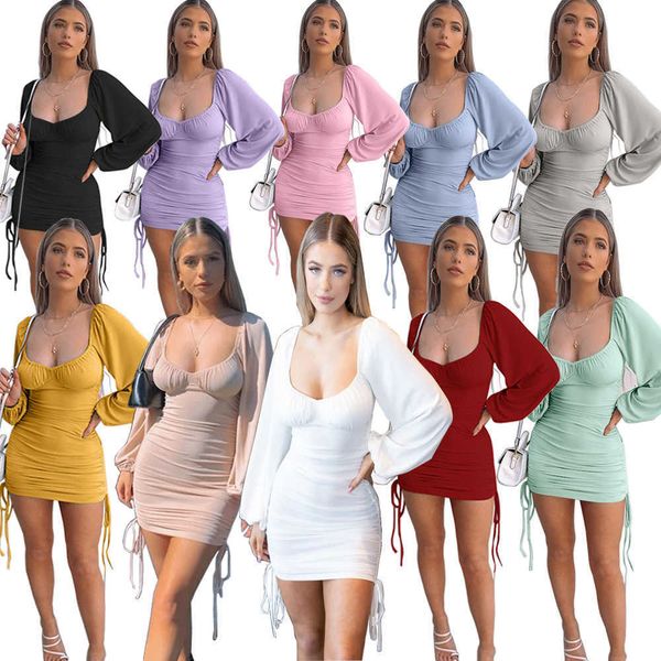 

rib mini bodycon dresses women slim drawstring pleated buttock long sleeve dress lt2127, White;black