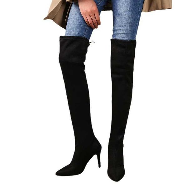 

boots oversized women's boots autumn and winter 2022 new knee high pointed thin -heeled elastic, Black