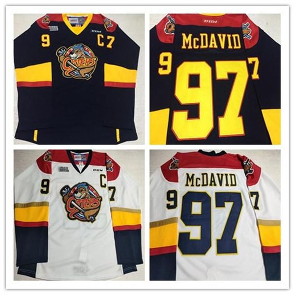 

college hockey wears custom deluxe edition #97 connor mcdavid erie otters authentic hockey jersey navy white mens jerseys, Black