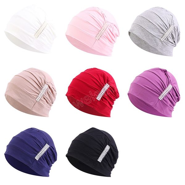 

cotton muslim pearled hijab luxury women turban soild color indian hat breathable hair care bald hair loss chemo cap, Blue;gray