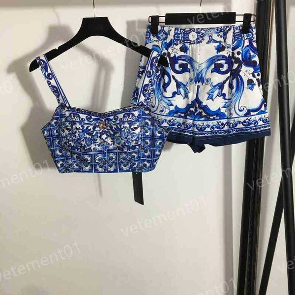 

lady swim short two piece set blue and white porcelain print cool strap and shorts summer women swim track wear women designer tracksuits