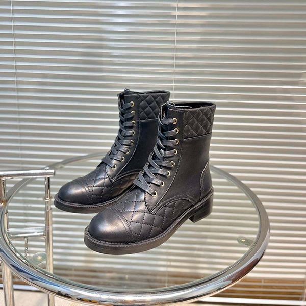 

black ankle diamond plaid combat boots low heel lace-up booties leather heels height 4.0cm buckle women luxury designers shoes factory footw