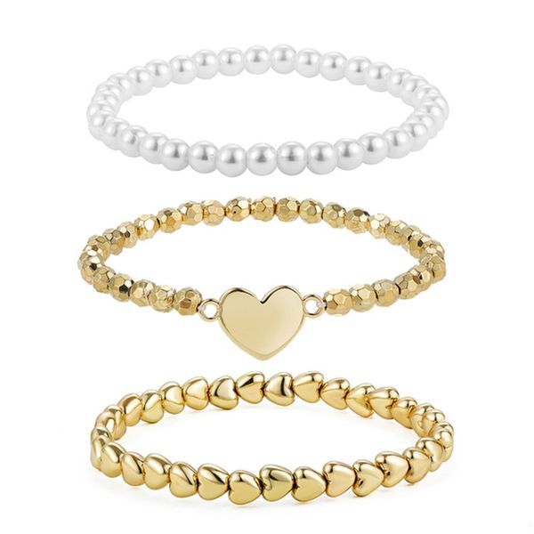 

3pcs/set gold color smooth round heart beaded bracelet set for women imitation pearl charm bracelets bangles jewelry, Golden;silver