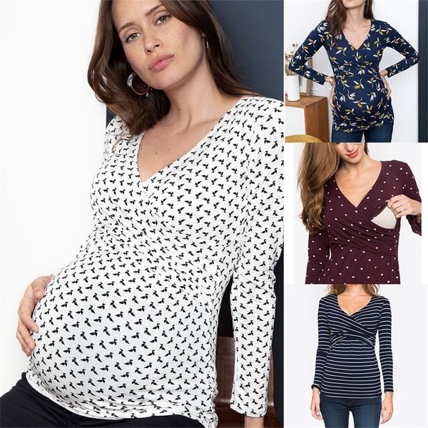 

womens maternity nursing long sleeve v-neck cross floral breastfeeding pregnancy shirt maternity fit flattering 20221017 e3, White