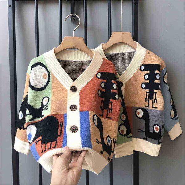 

1-8year baby boys knitted sweater autumn winter v neck single breasted jacket kids catoon casual sweater y0925, Blue